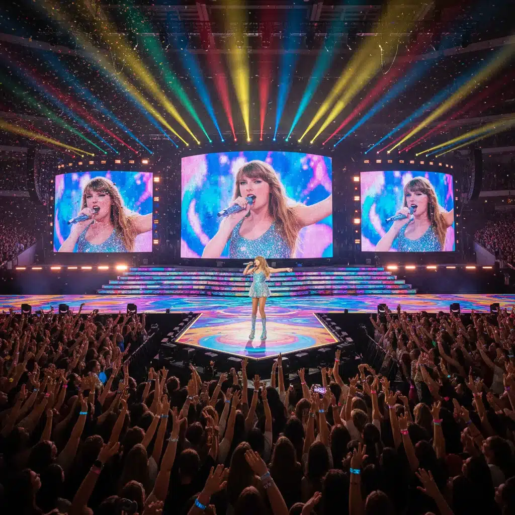 Taylor Swift electrifying a large crowd during her record-breaking Eras Tour concert.