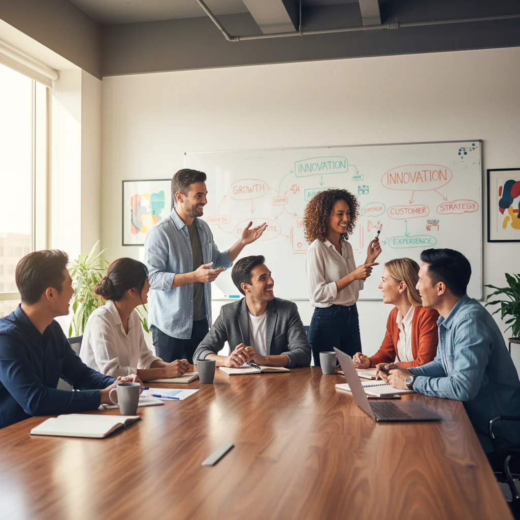 Diverse team collaborating happily in a vibrant office, showing positive workplace connection.