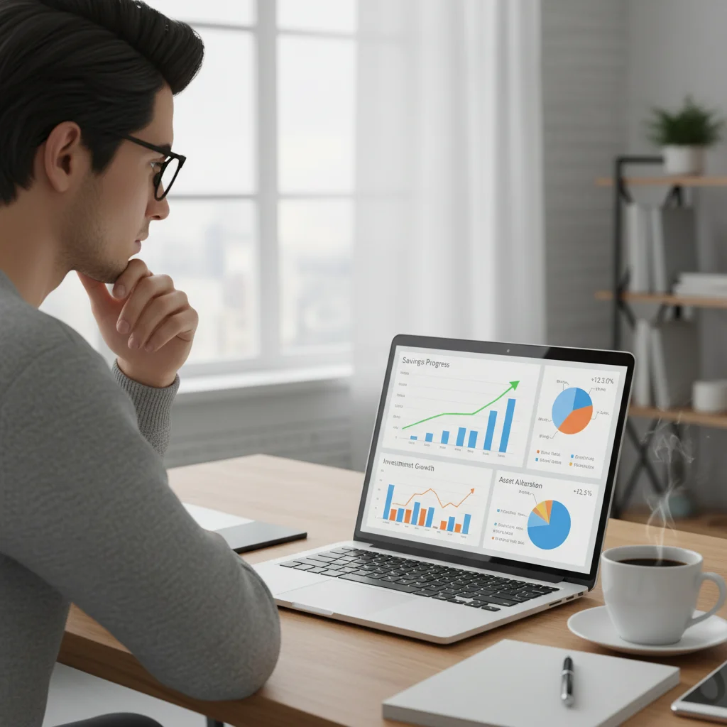 Individual tracking emergency fund progress and financial goals on a digital dashboard.