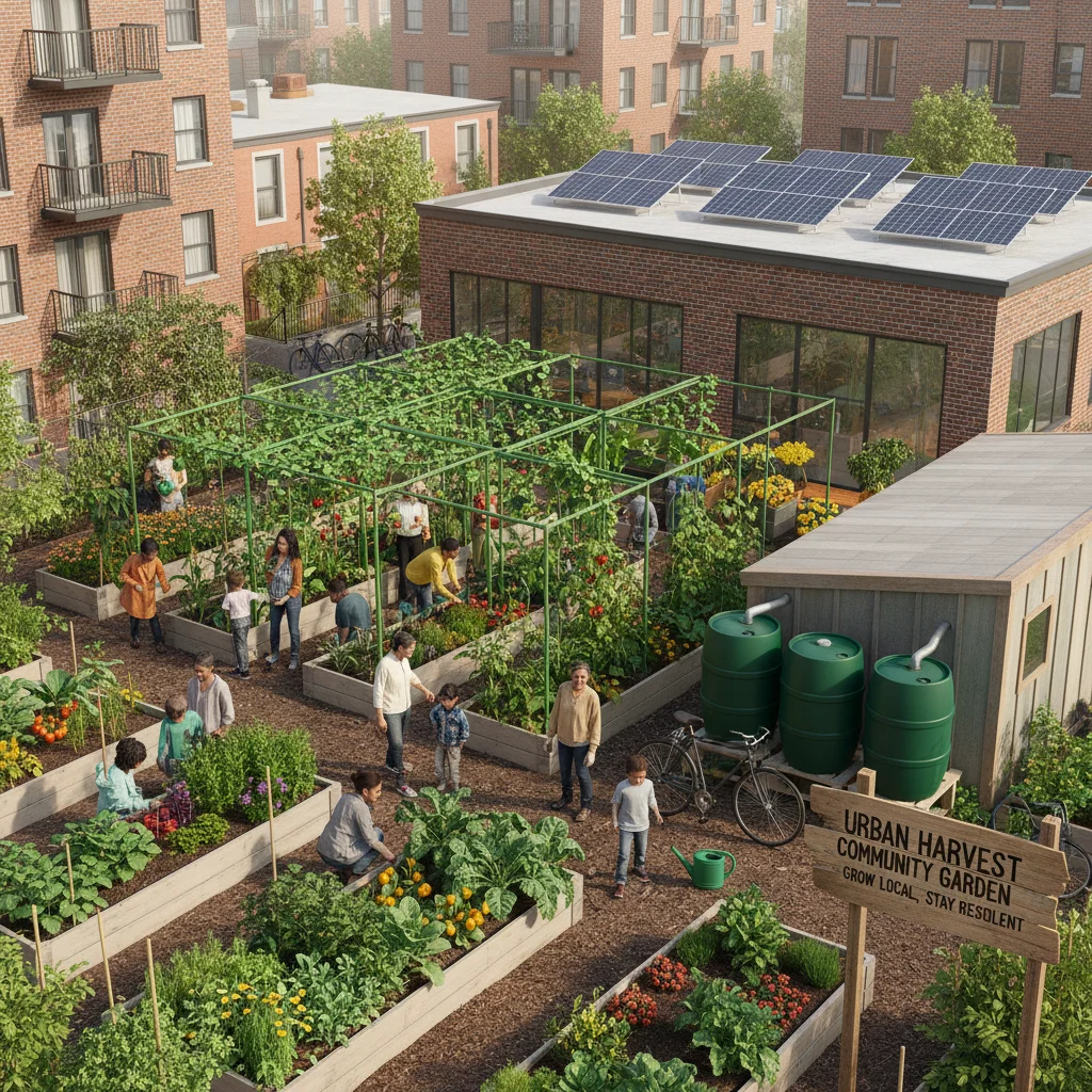 Community garden with sustainable practices and diverse residents