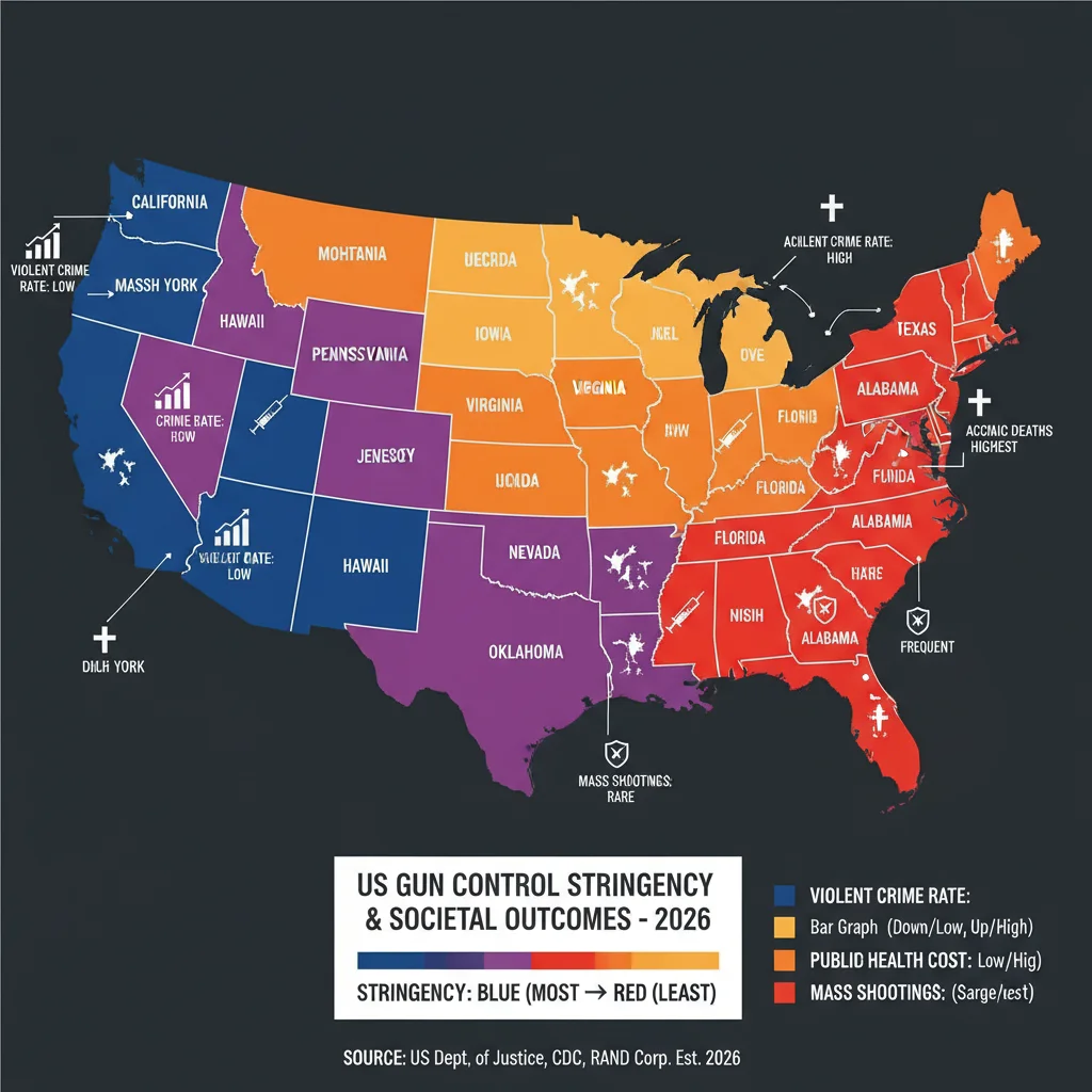 US map illustrating state gun control laws and related societal outcomes in 2026