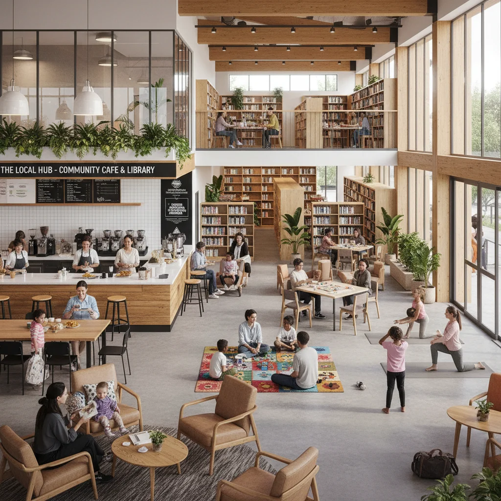 Vibrant community center with diverse people, highlighting local amenity demand.