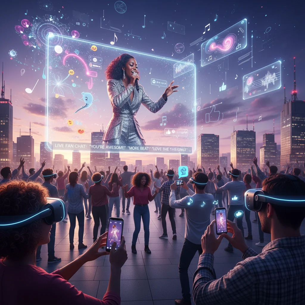 Fans engaging with an artist during a virtual concert with augmented reality