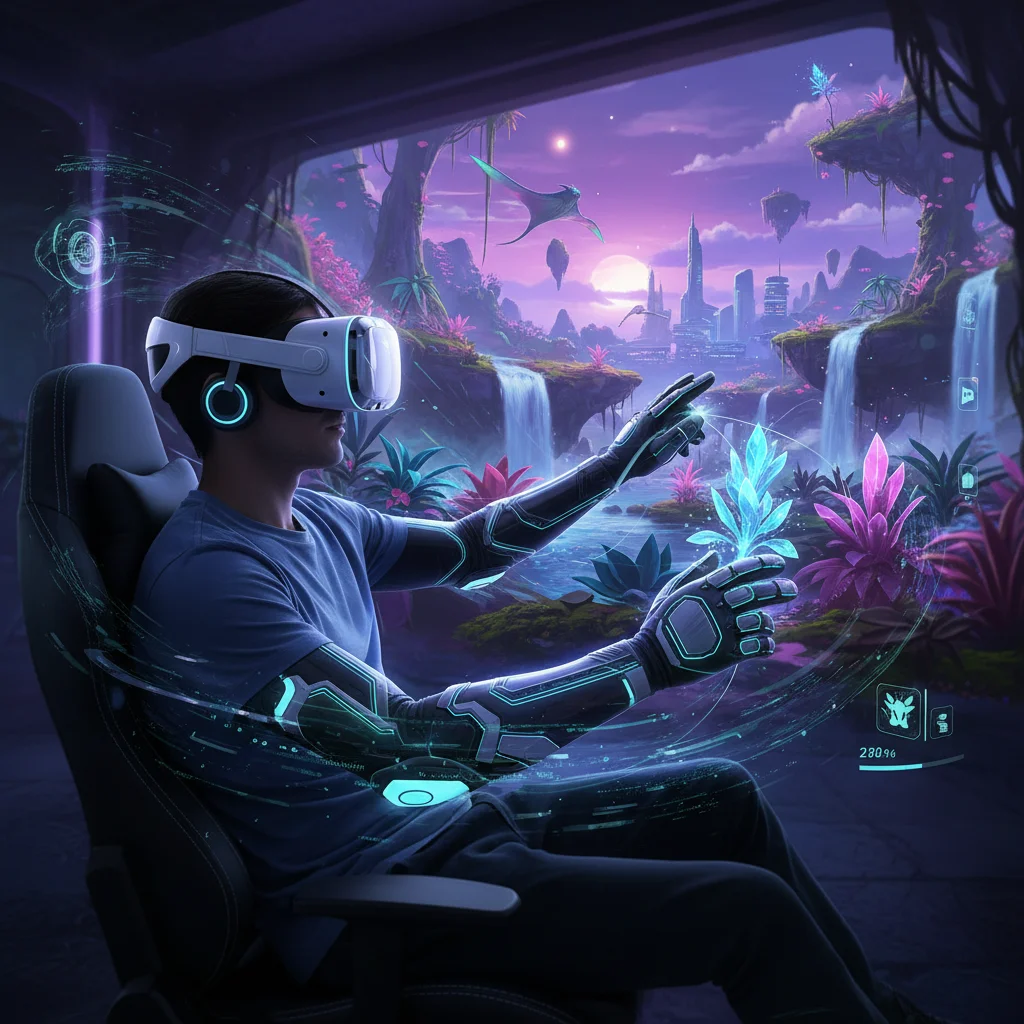Player immersed in virtual reality gaming with haptic feedback.