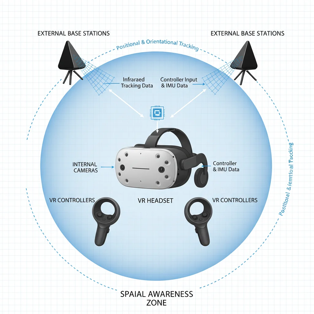 Technical diagram of VR headset tracking system components and data flow