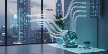 Futuristic home with glowing Wi-Fi 7 router connecting devices seamlessly