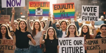 Diverse young activists holding protest signs for social justice causes in a city street.