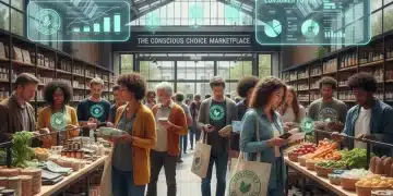 Diverse consumers making ethical purchasing decisions in a modern marketplace
