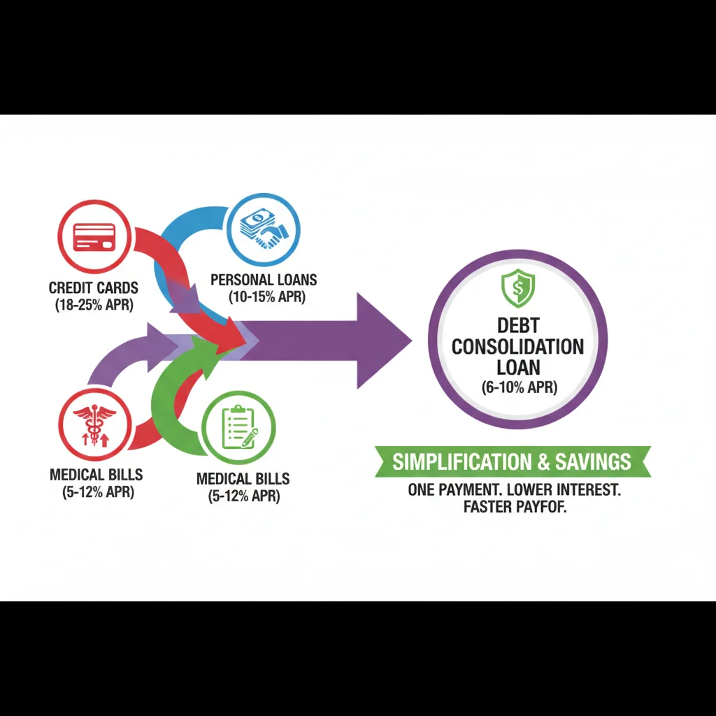 Illustration of various debts consolidating into one manageable payment.