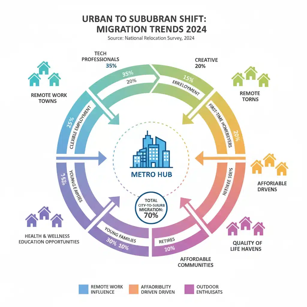 Infographic illustrating demographic migration patterns from cities to suburbs, highlighting factors like remote work and affordability.