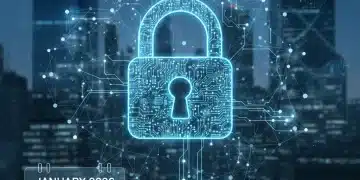 Digital padlock securing a data network, symbolizing robust cybersecurity measures for tech companies by January 2026.