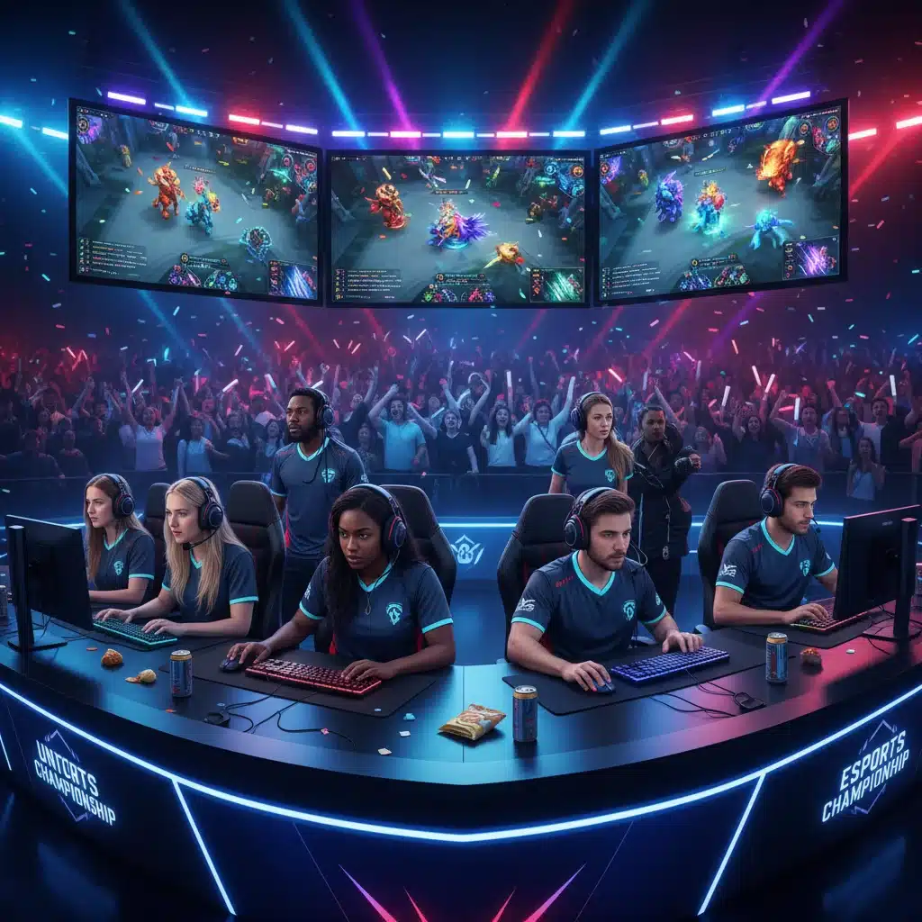 Esports team collaborating in a competitive gaming arena, highlighting teamwork and competitive spirit.