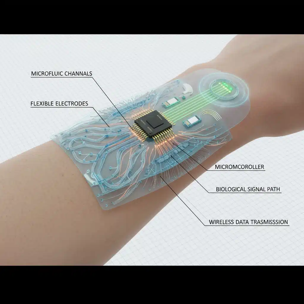 Diagram of flexible bio-sensor patch showing microfluidics and integrated electronics for health monitoring.
