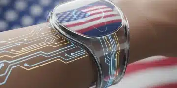 Futuristic bio-integrated wearable device on skin, showcasing advanced health monitoring and seamless integration.