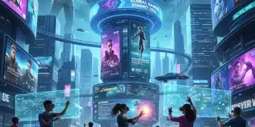 Futuristic cityscape with holographic video game characters, symbolizing gaming's impact on pop culture.