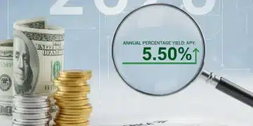 High-yield savings account rates for 2026 with coins and magnifying glass