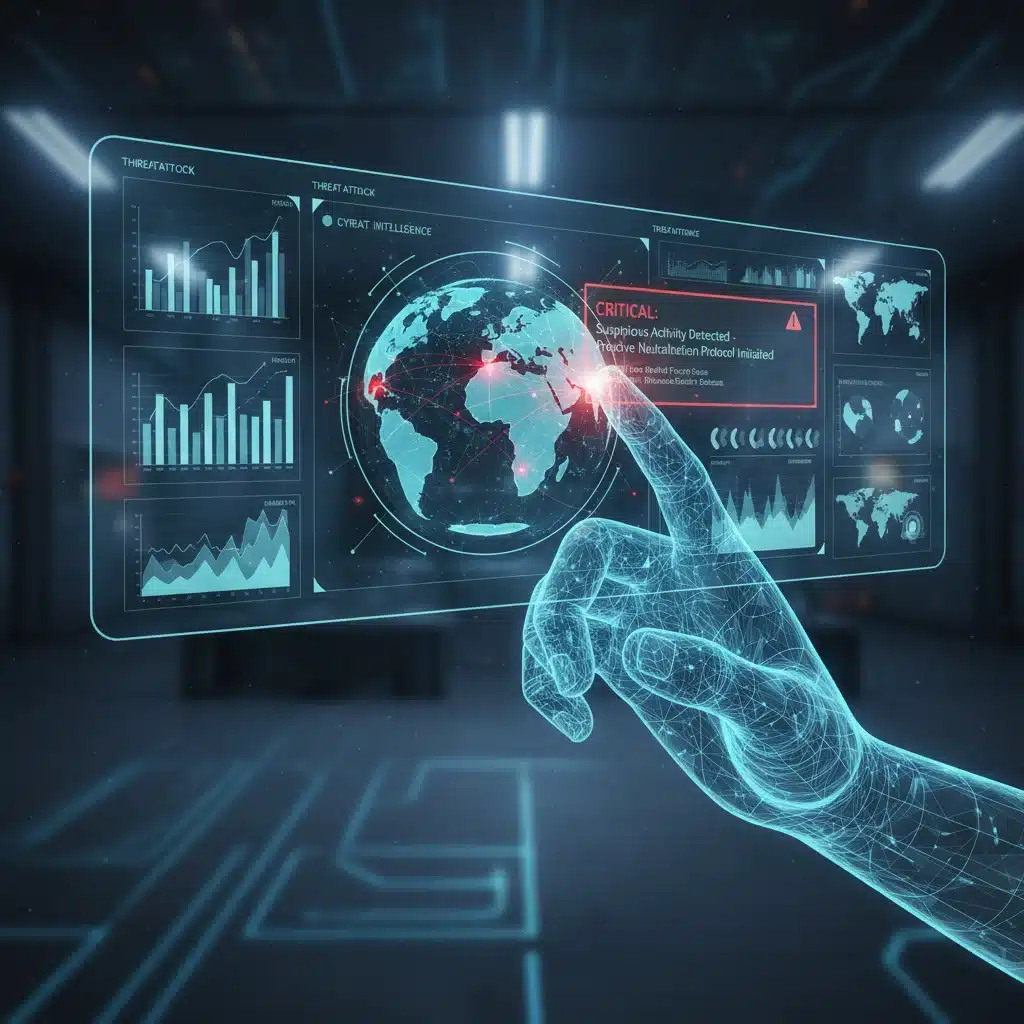 Human hand interacting with a holographic interface showing cyber threat intelligence data and alerts, representing proactive threat analysis.