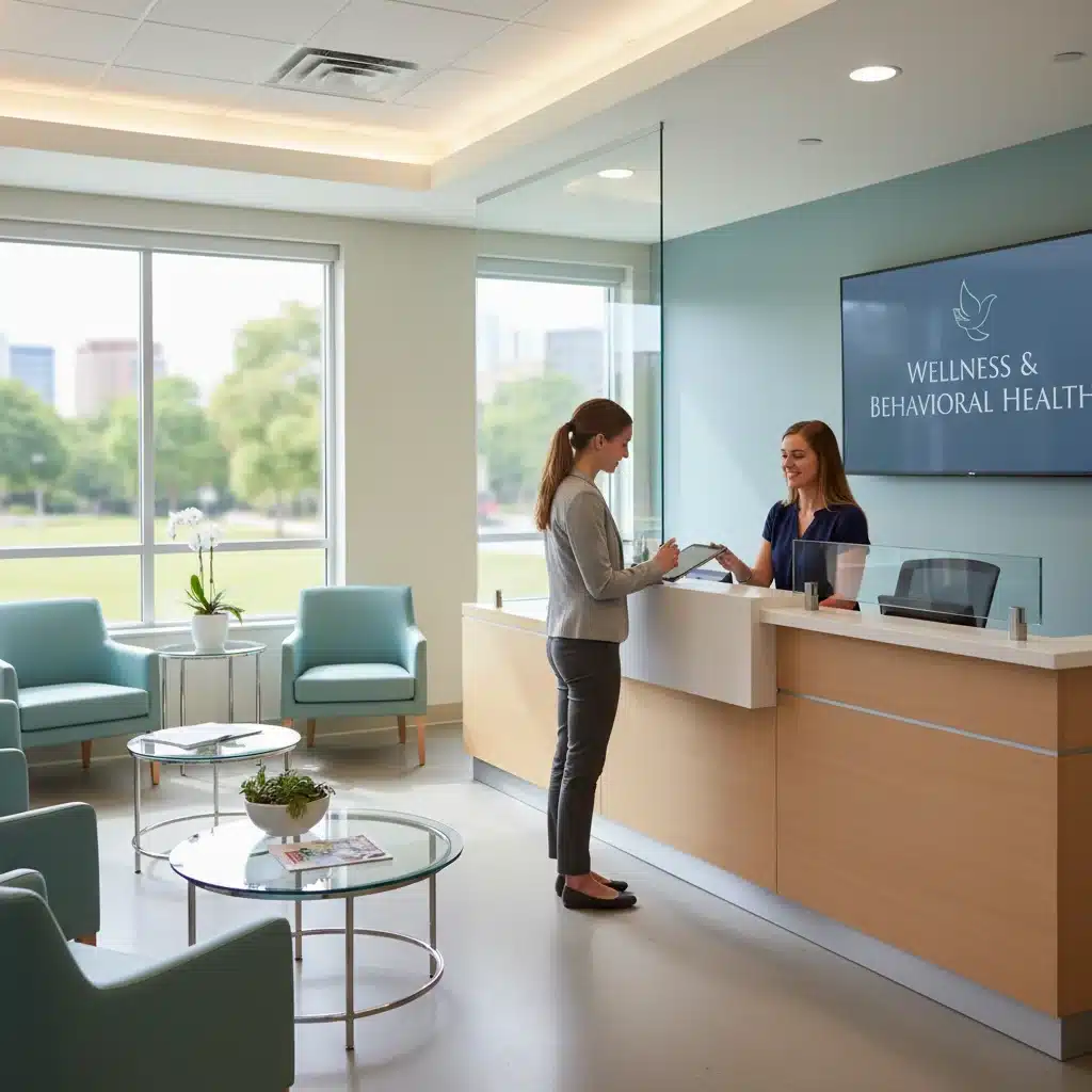 Modern medical office waiting room, symbolizing improved access to mental health services.
