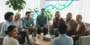 Diverse people in a supportive group therapy session, symbolizing evolving mental health acceptance in the U.S.