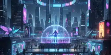 Metaverse city with avatars interacting and virtual concerts