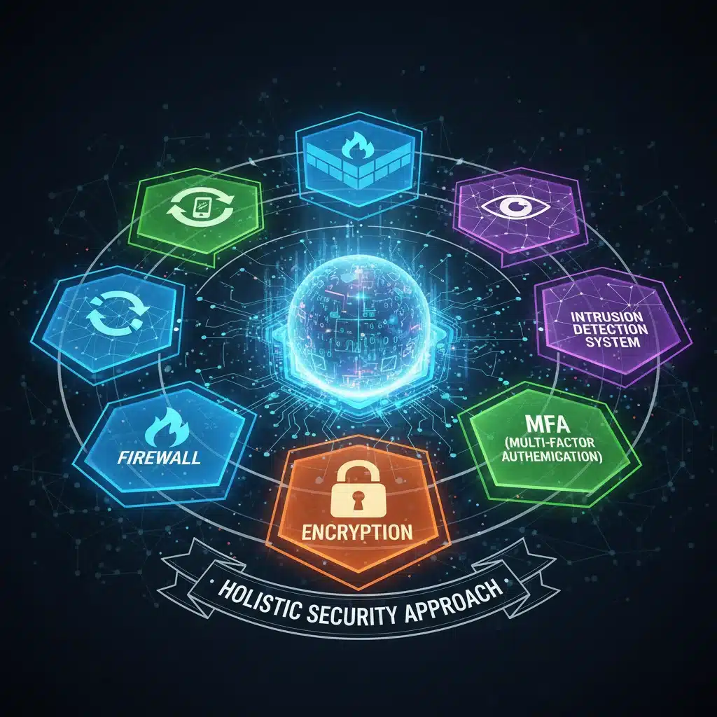 Multi-layered cybersecurity defense system protecting a central data core, illustrating a holistic security approach.