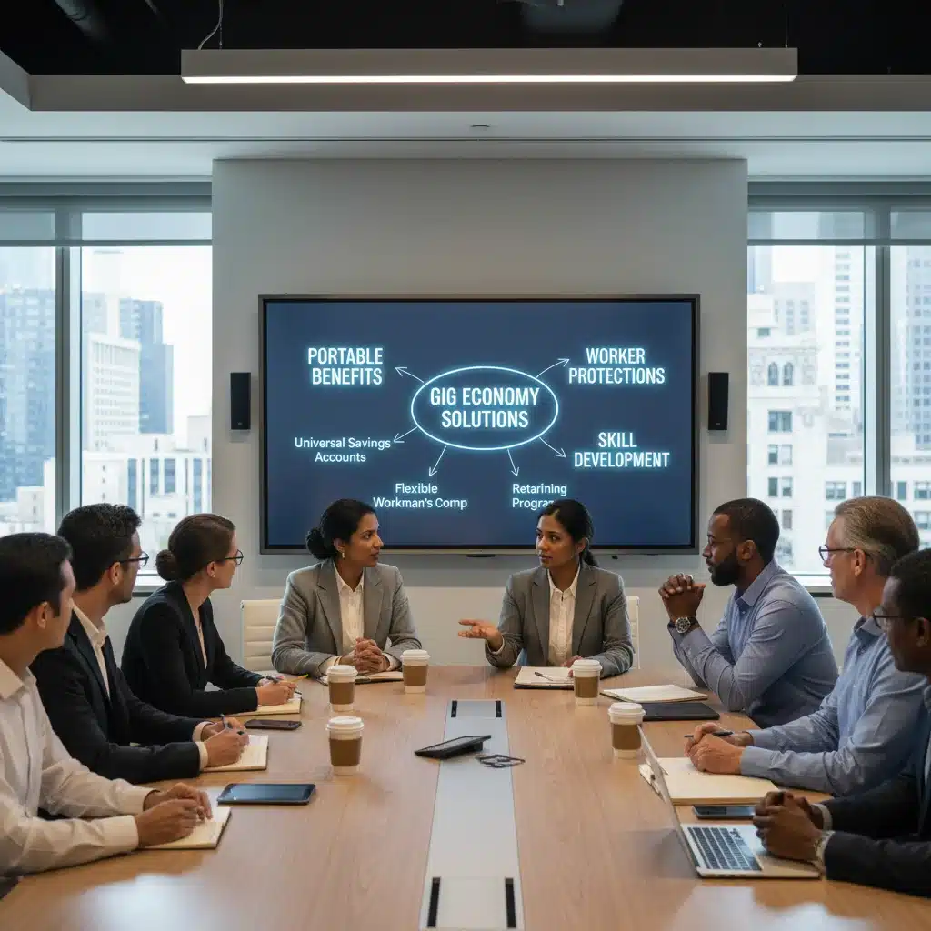 Policymakers discussing portable benefits and worker protections for gig economy participants.