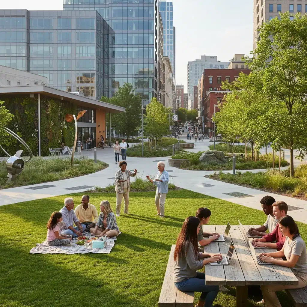 Diverse community enjoying a revitalized urban park, symbolizing city revival and improved quality of life.