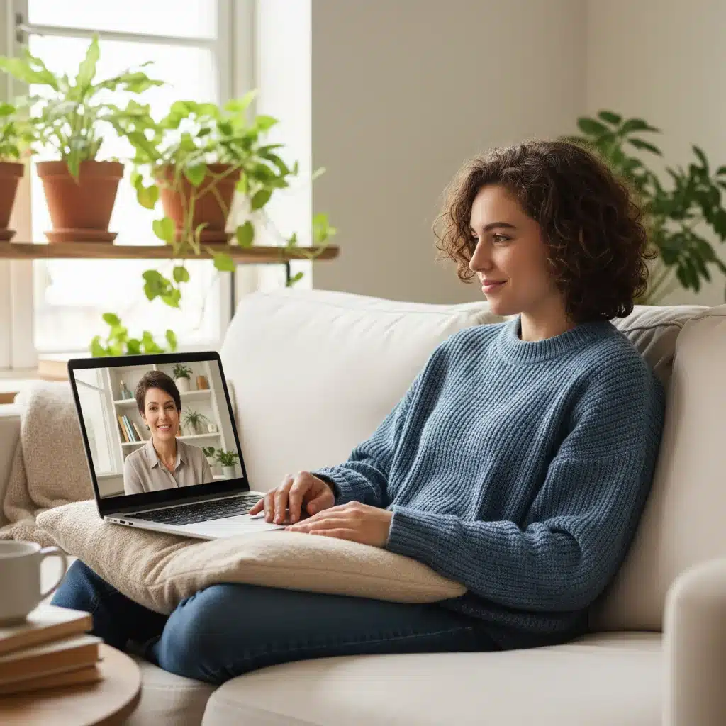 Young adult engaging in a teletherapy session on a laptop at home.
