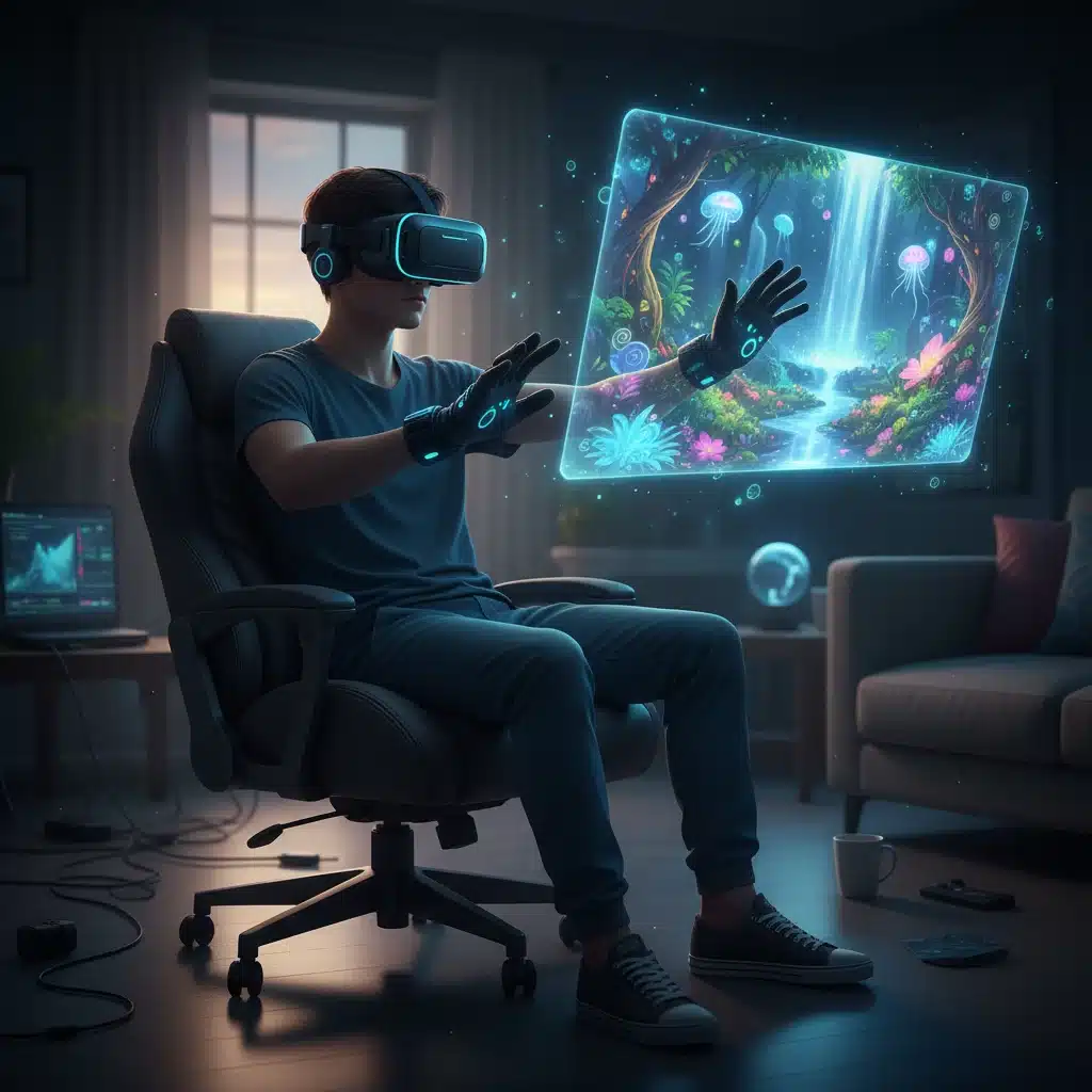 Gamer immersed in a virtual reality world with advanced VR headset and haptic gloves, experiencing deep immersion.